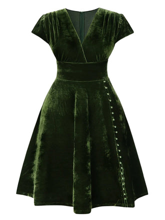 [Grande taille] Robe verte en velours col en V profond années 1940