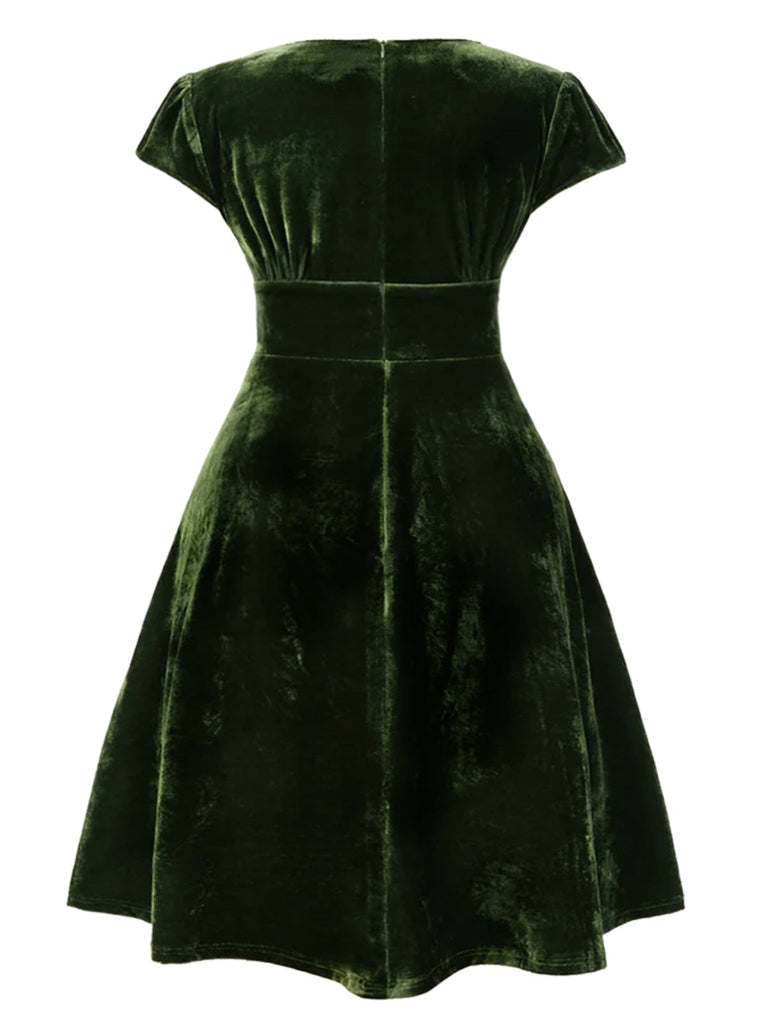 [Grande taille] Robe verte en velours col en V profond années 1940