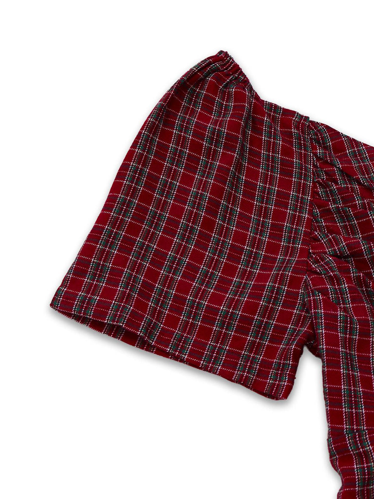 Robe rouge à carreaux col cœur froncée et nœud des années 50