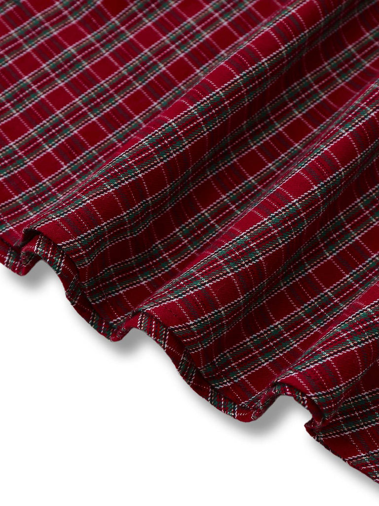 Robe rouge à carreaux col cœur froncée et nœud des années 50