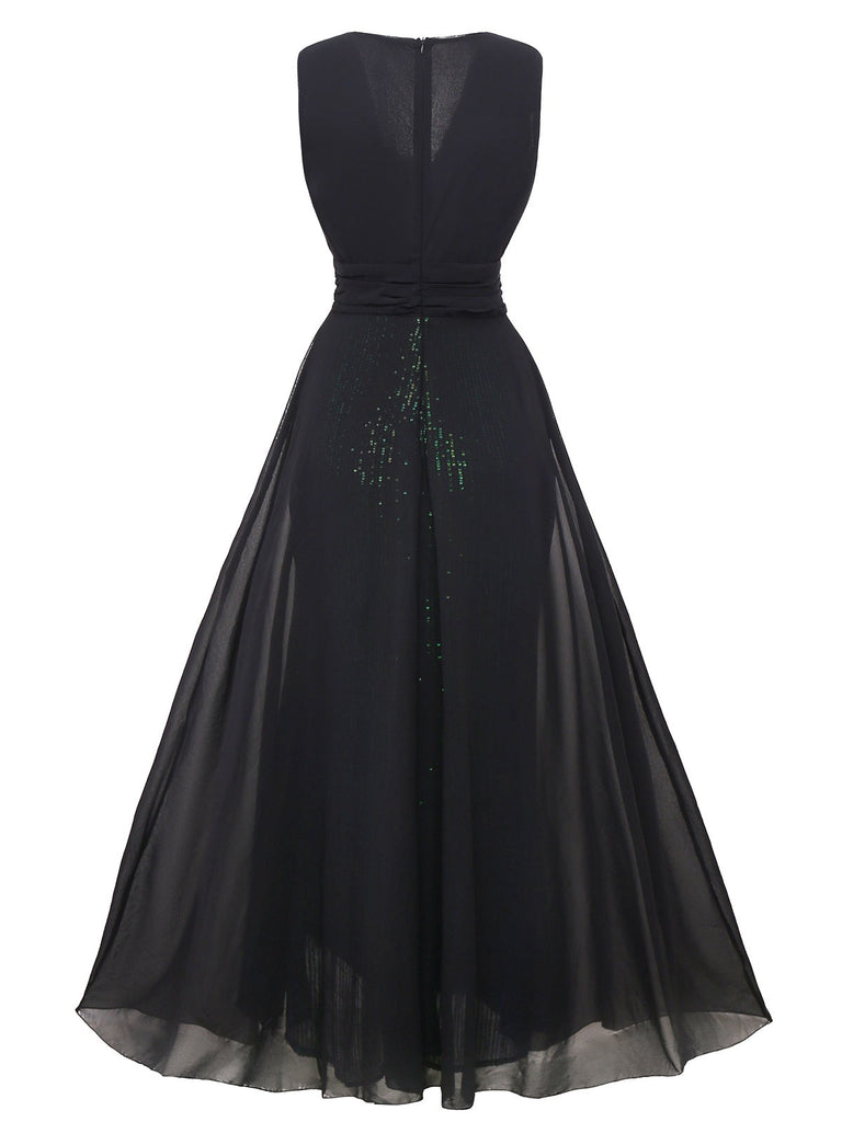 Robe verte en tulle à sequins décolleté col en V profond années 1930