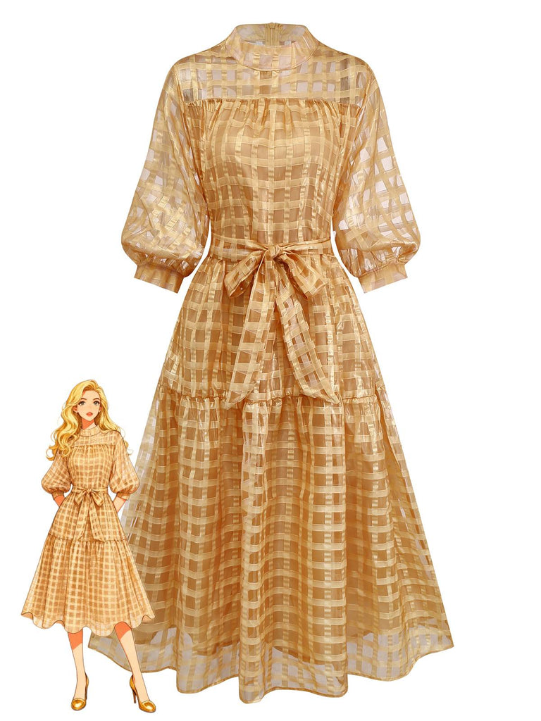 Robe de soirée mi-longue manches bouffantes en maille dorée des années 1940