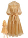 Robe de soirée mi-longue manches bouffantes en maille dorée des années 1940
