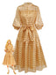 Robe de soirée mi-longue manches bouffantes en maille dorée des années 1940