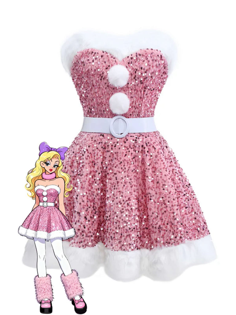 Robe bustier rose à paillettes et fourrure des années 60