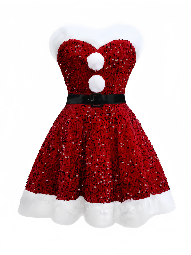Robe bustier rouge à paillettes et fourrure des années 1960