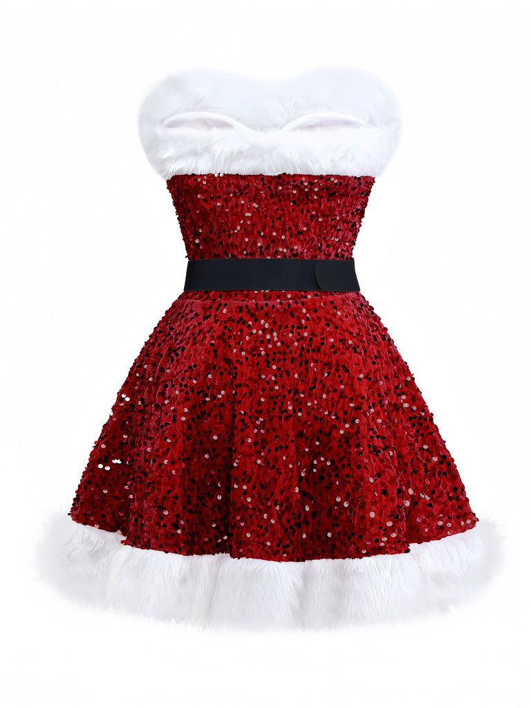Robe bustier rouge à paillettes et fourrure des années 1960