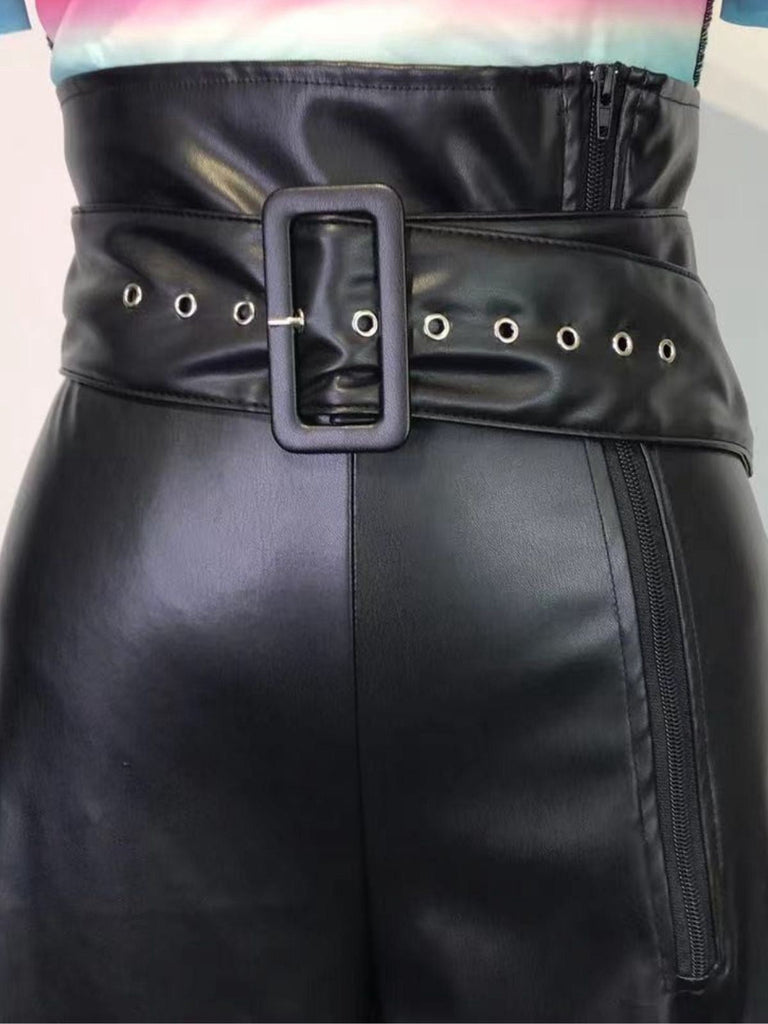 Pantalon large ceinturé en cuir PU massif des années 1980