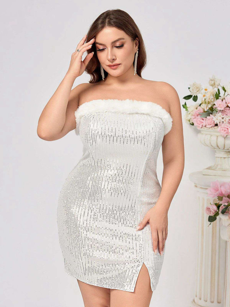 [Grande taille] Robe moulante blanche à paillettes et col en peluche années 1960