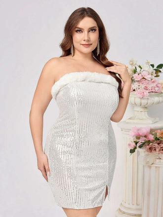 [Grande taille] Robe moulante blanche à paillettes et col en peluche années 1960