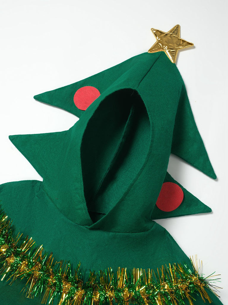 Cape à capuche embellie 3D avec sapin de Noël vert des années 1950