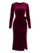 Robe moulante en velours rouge bordeaux avec ceinture à nœud des années 1960