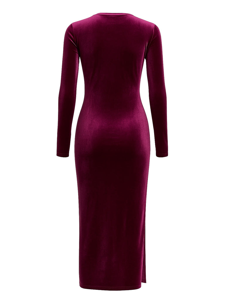 Robe moulante en velours rouge bordeaux avec ceinture à nœud des années 1960