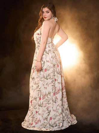[Grandes taille] Robe longue multicolore col licou roses à bretelles années 1930