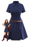 Robe chemise plissée à fines rayures bleues des années 70
