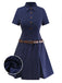Robe chemise plissée à fines rayures bleues des années 70