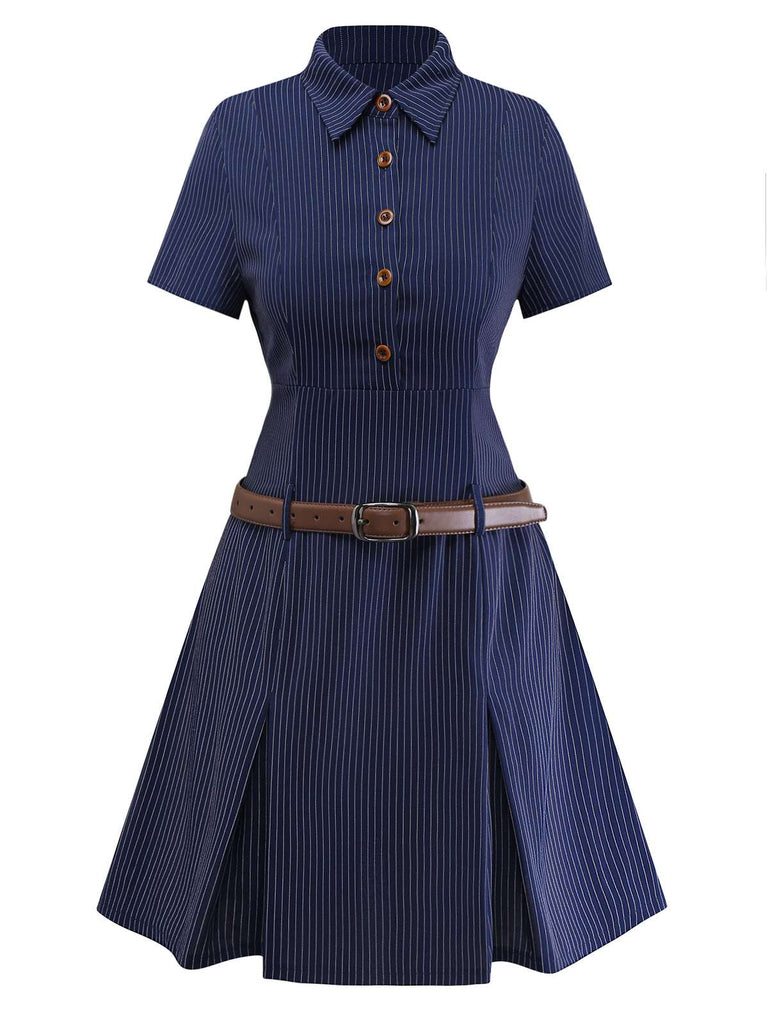 Robe chemise plissée à fines rayures bleues des années 70
