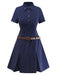 Robe chemise plissée à fines rayures bleues des années 70