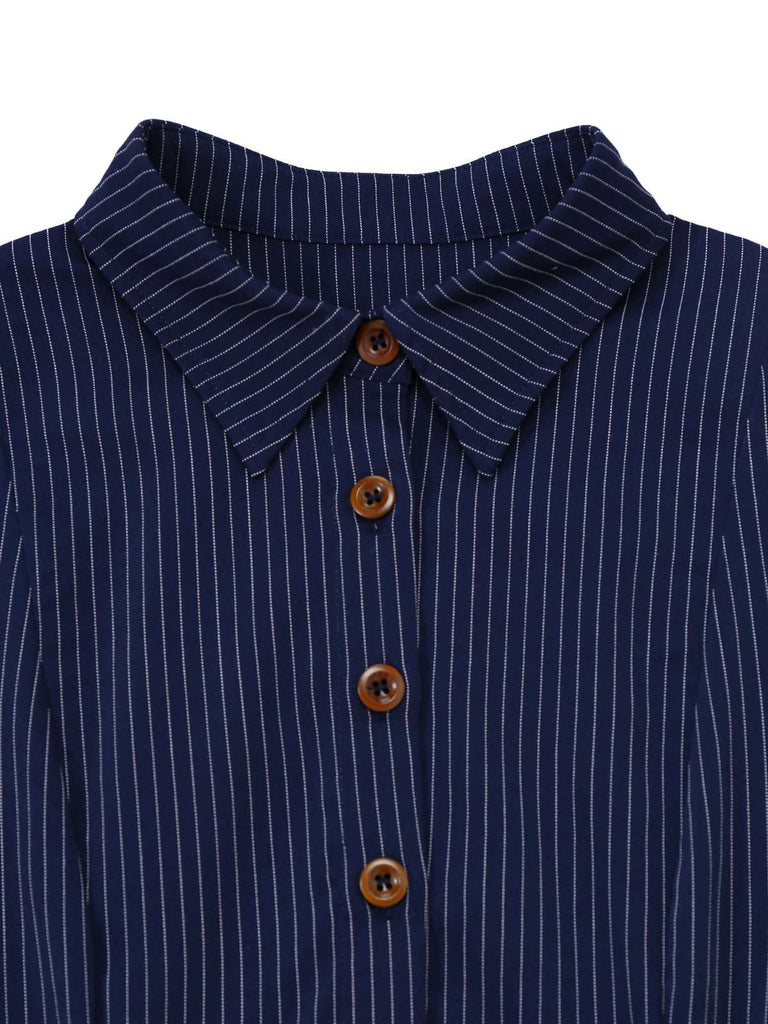 Robe chemise plissée à fines rayures bleues des années 70