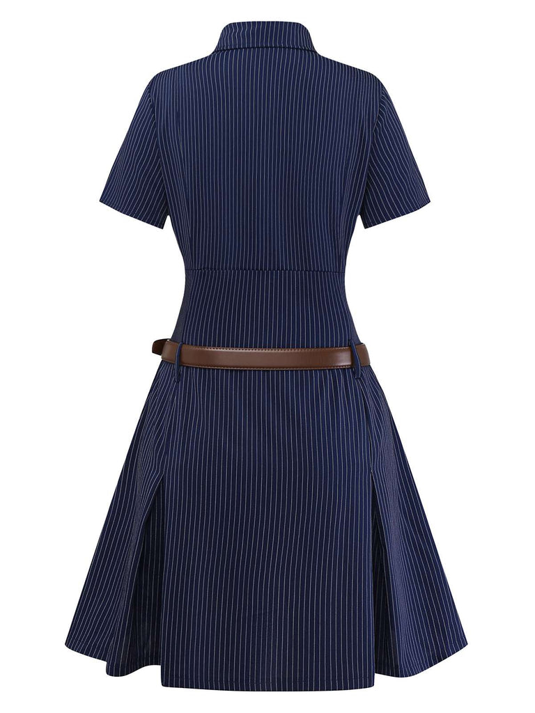 Robe chemise plissée à fines rayures bleues des années 70