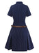 Robe chemise plissée à fines rayures bleues des années 70
