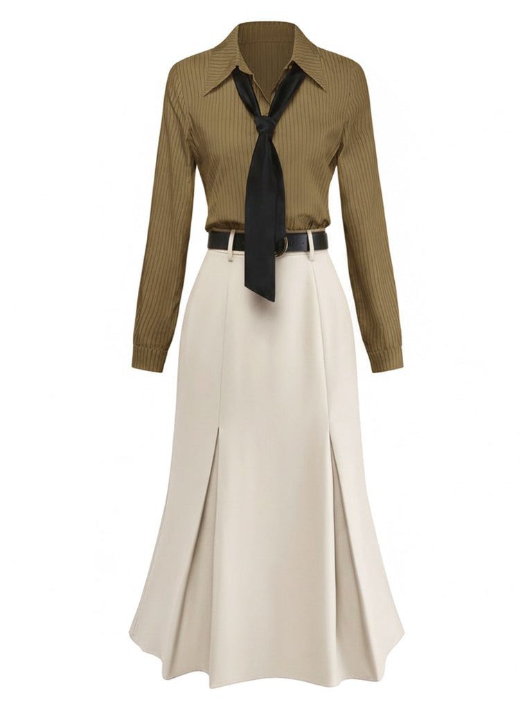 Robe kaki rayé patchwork plissée col revers 1930s
