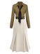 Robe kaki rayé patchwork plissée col revers 1930s