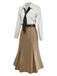 Robe kaki rayé patchwork plissée col revers et cravate années 1930