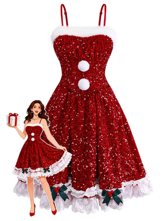 Robe rouge à nœud et sequins ourlet brut années 50
