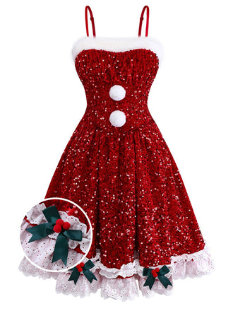 Robe rouge à nœud et sequins ourlet brut années 50