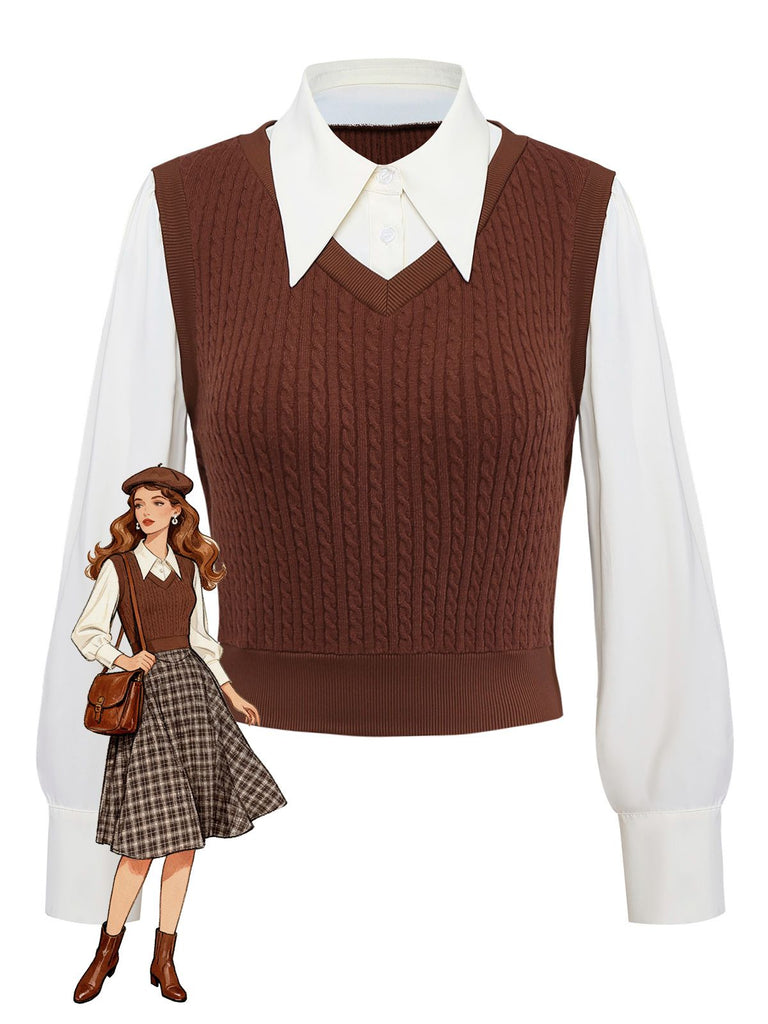 Gilet tricoté marron style faux chemisier 2 pièces années 1940