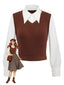 Gilet tricoté marron style faux chemisier 2 pièces années 1940