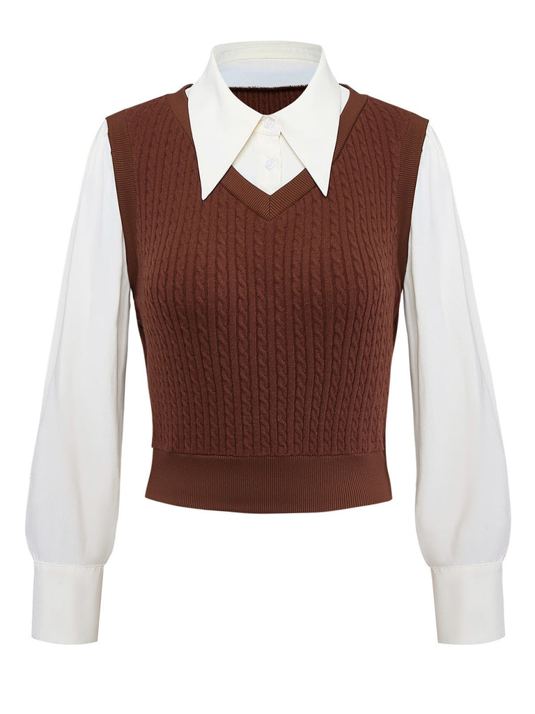 Gilet tricoté marron style faux chemisier 2 pièces années 1940
