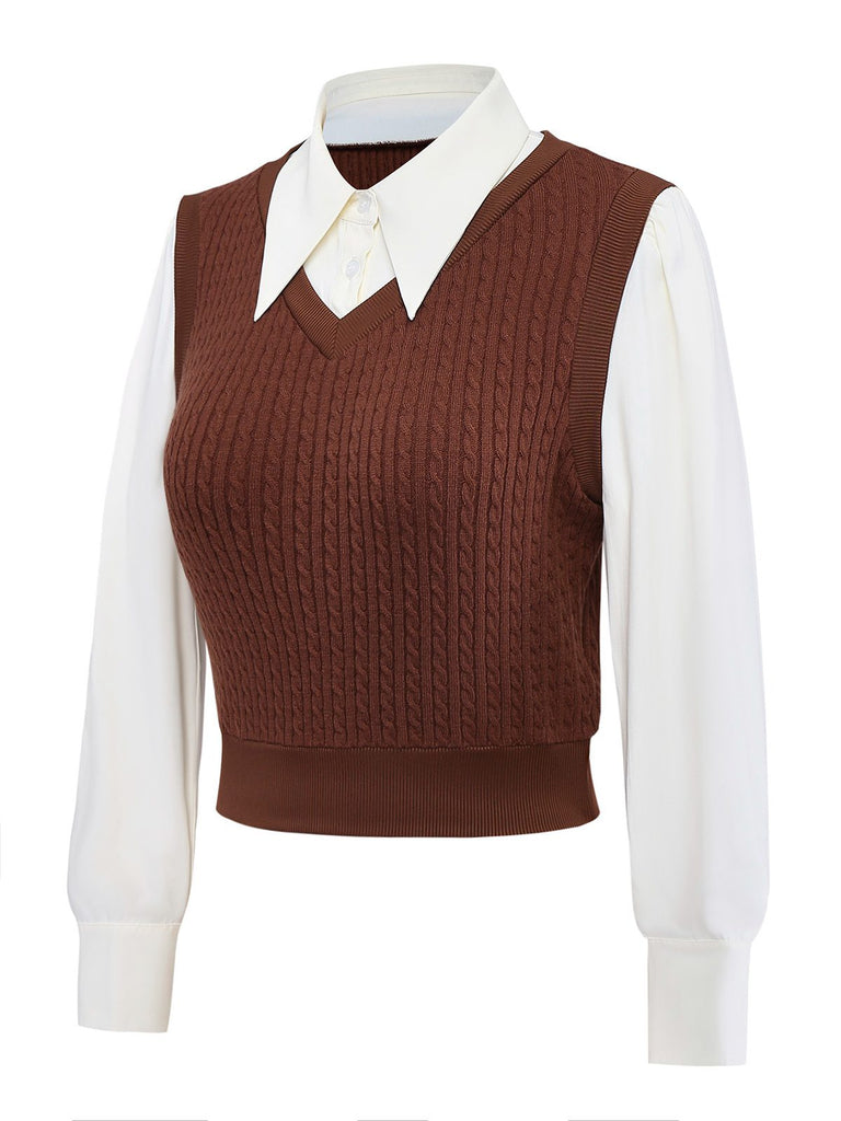 Gilet tricoté marron style faux chemisier 2 pièces années 1940