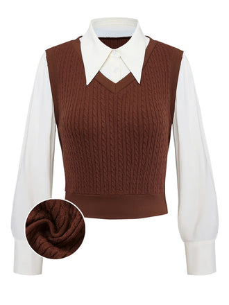 Gilet tricoté marron style faux chemisier 2 pièces années 1940