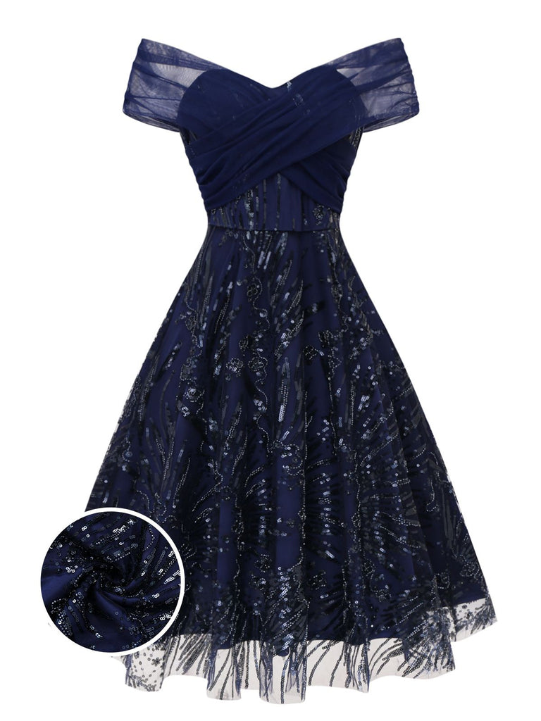 Robe bleue à fleurs brodée de paillettes à épaules dénudées années 1950