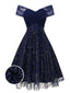 Robe bleue à fleurs brodée de paillettes à épaules dénudées années 1950