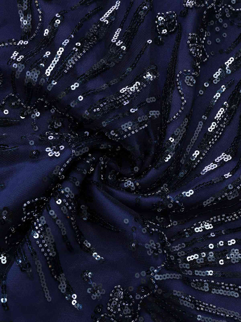 Robe bleue à fleurs brodée de paillettes à épaules dénudées années 1950