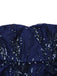 Robe bleue à fleurs brodée de paillettes à épaules dénudées années 1950