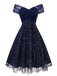 Robe bleue à fleurs brodée de paillettes à épaules dénudées années 1950