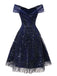 Robe bleue à fleurs brodée de paillettes à épaules dénudées années 1950