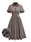 Robe à carreaux marron col revers et nœud papillon années 1950