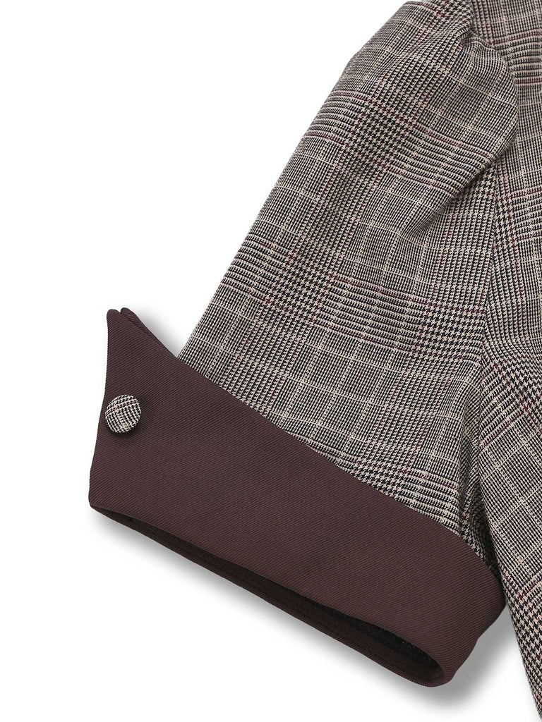 Robe à carreaux marron col revers et nœud papillon années 1950