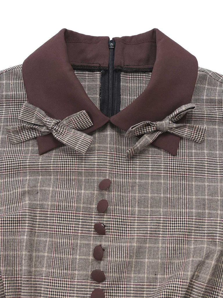 Robe à carreaux marron col revers et nœud papillon années 1950