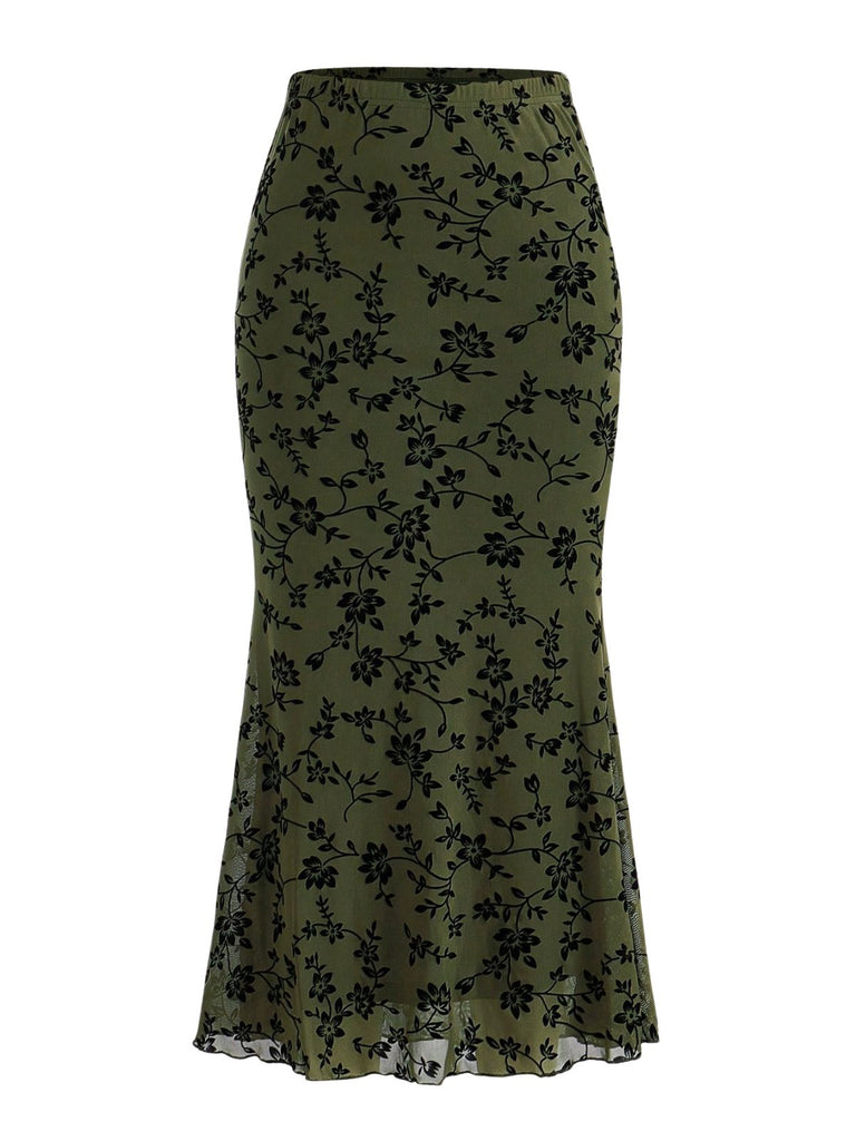 Jupe sirène maxi imprimé floral floqué années 1930
