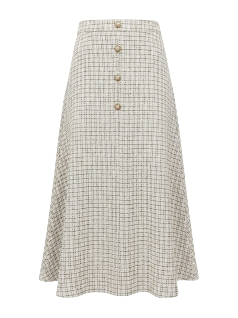 Jupe trapèze beige en tweed à carreaux à boutonsannées 1940