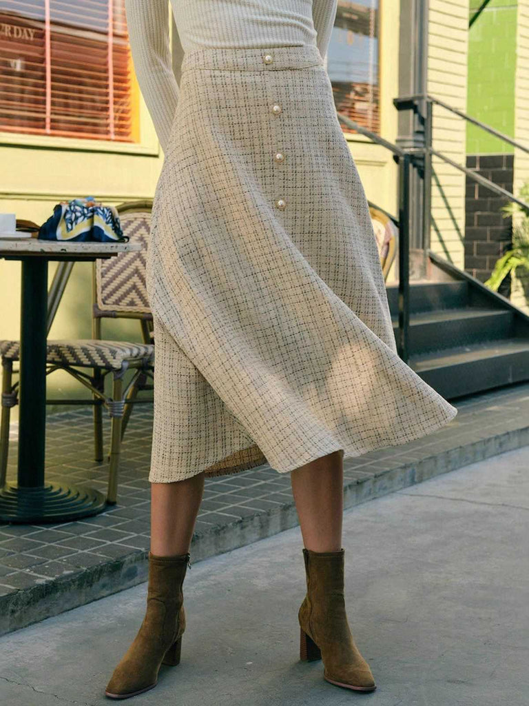 Jupe trapèze beige en tweed à carreaux à boutonsannées 1940