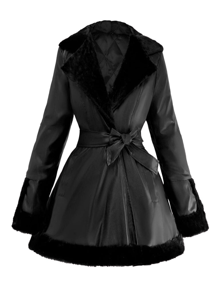 Manteau à capuche et col en fourrure en cuir des années 1950