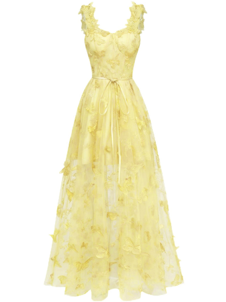 Robe Maxi Verte Bretelles Épaghetti Papillons 3D Maille Années 1930