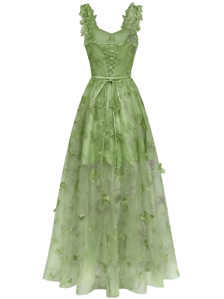 Robe Maxi Verte Bretelles Épaghetti Papillons 3D Maille Années 1930